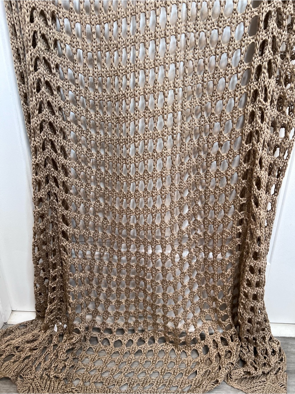 Primi Extra Long Taupe Open-Knit Crochet Duster Cardigan. Size Large. - Picture 8 of 12